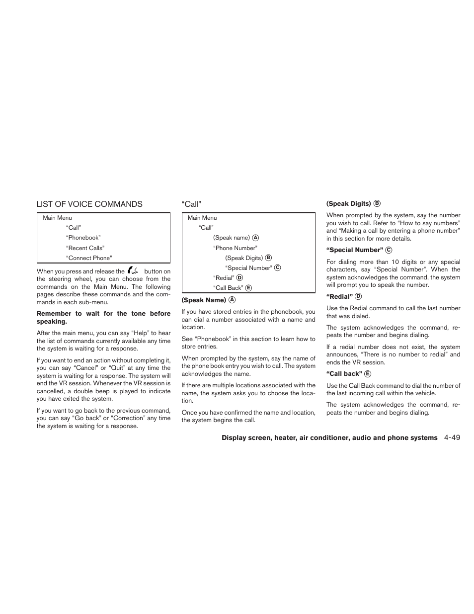 List of voice commands -49 | NISSAN 2010 Sentra User Manual | Page 196 / 331