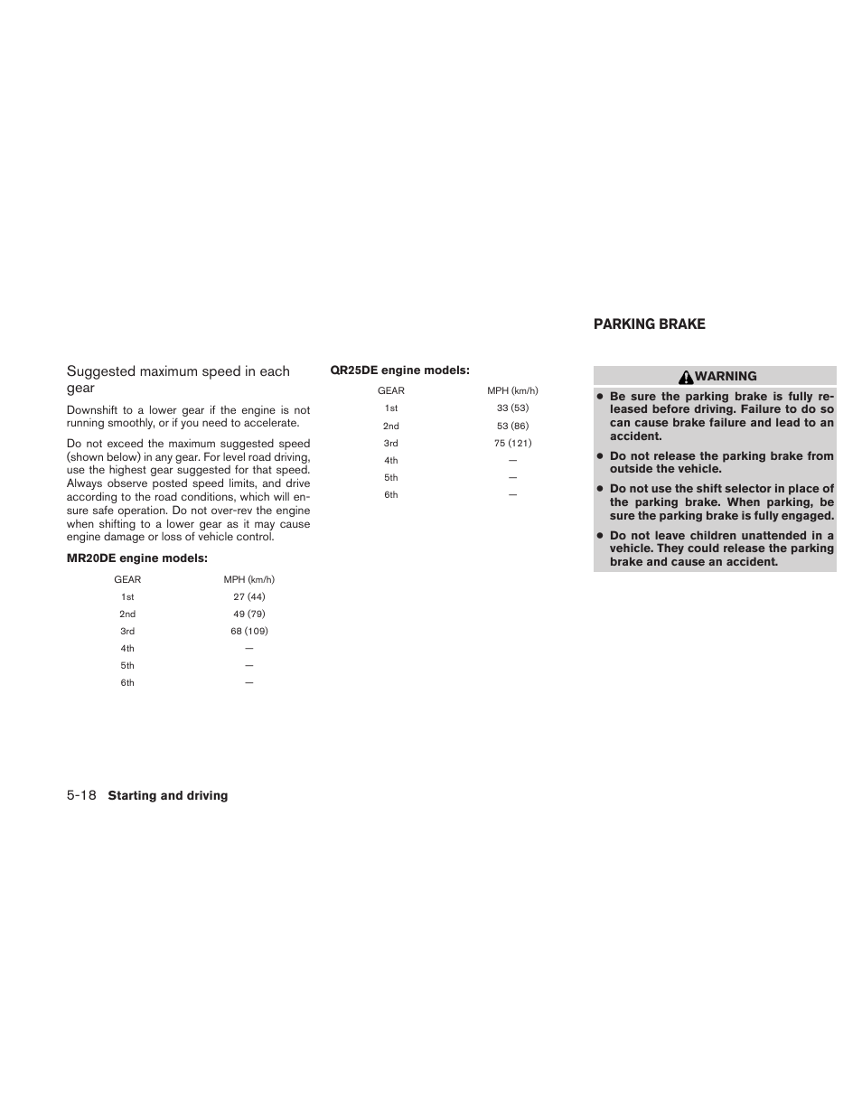 Parking brake -18, Suggested maximum speed in each gear, Parking brake | NISSAN 2010 Sentra User Manual | Page 221 / 331