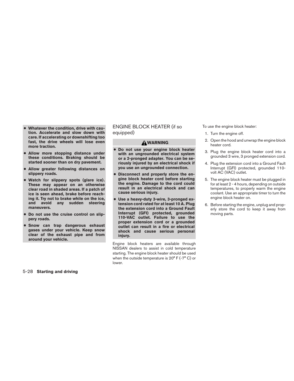 Engine block heater (if so equipped) -28 | NISSAN 2010 Sentra User Manual | Page 231 / 331