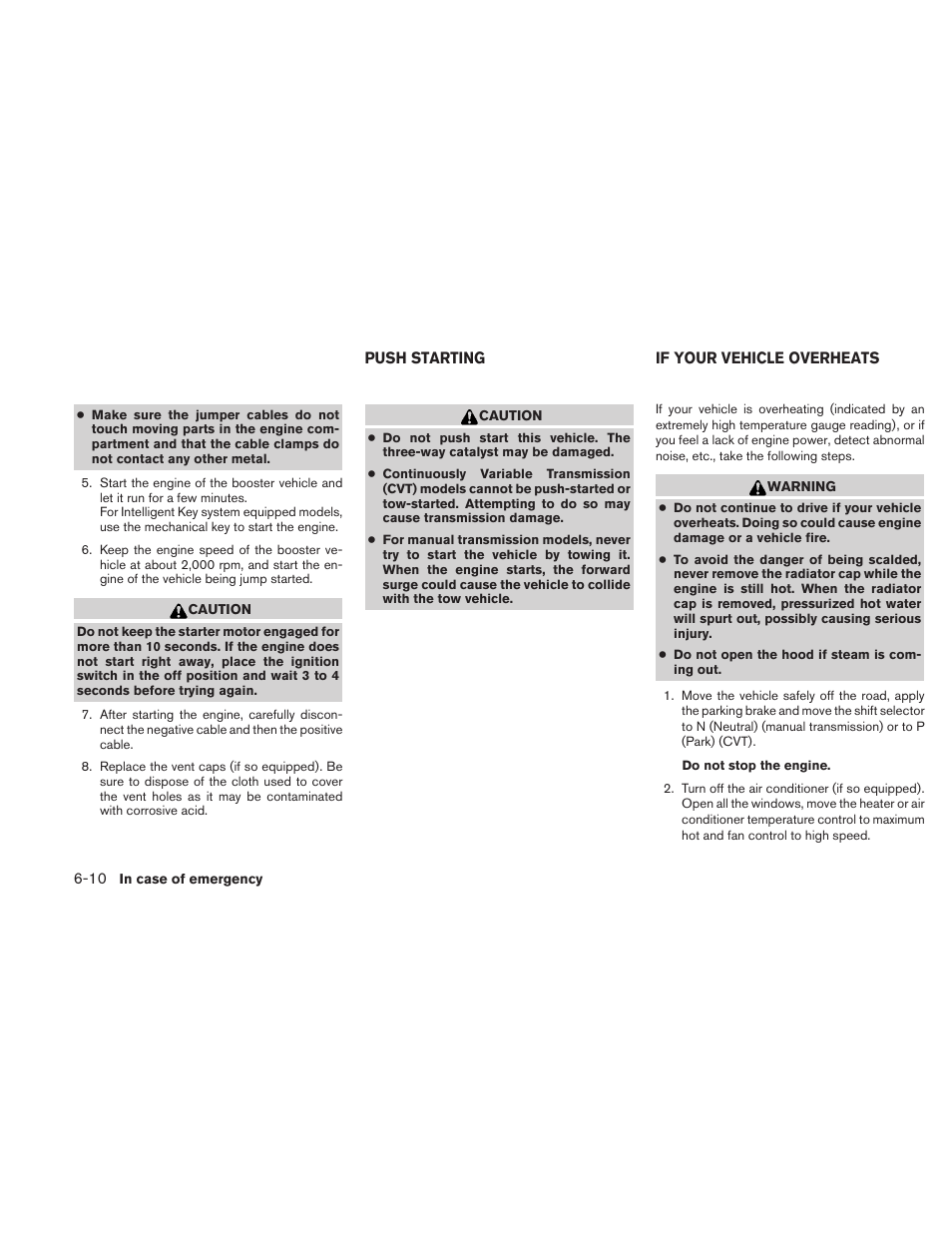 Push starting -10 if your vehicle overheats -10 | NISSAN 2010 Sentra User Manual | Page 241 / 331
