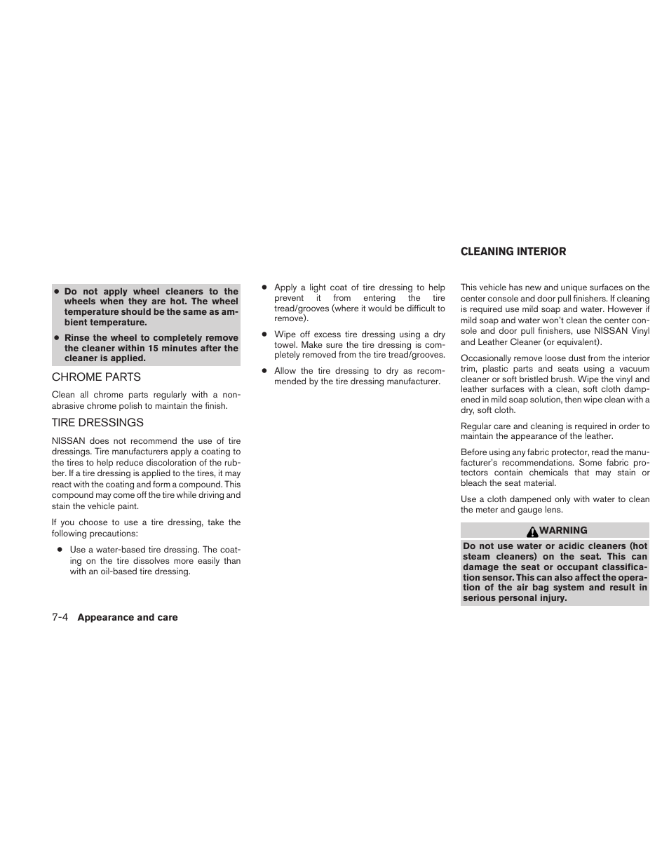 Chrome parts -4 tire dressings -4, Cleaning interior -4 | NISSAN 2010 Sentra User Manual | Page 249 / 331