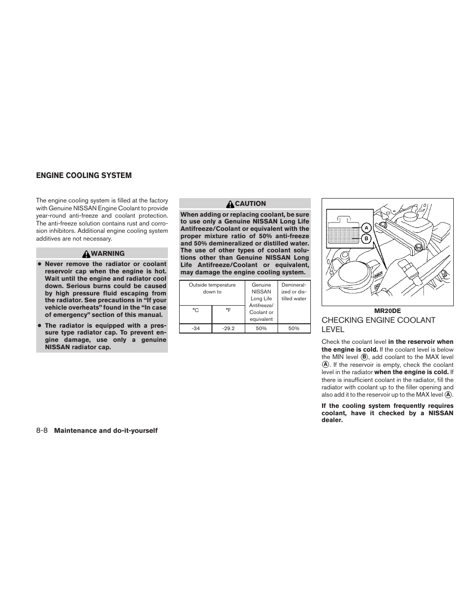 Engine cooling system -8, Checking engine coolant level -8 | NISSAN 2010 Sentra User Manual | Page 261 / 331
