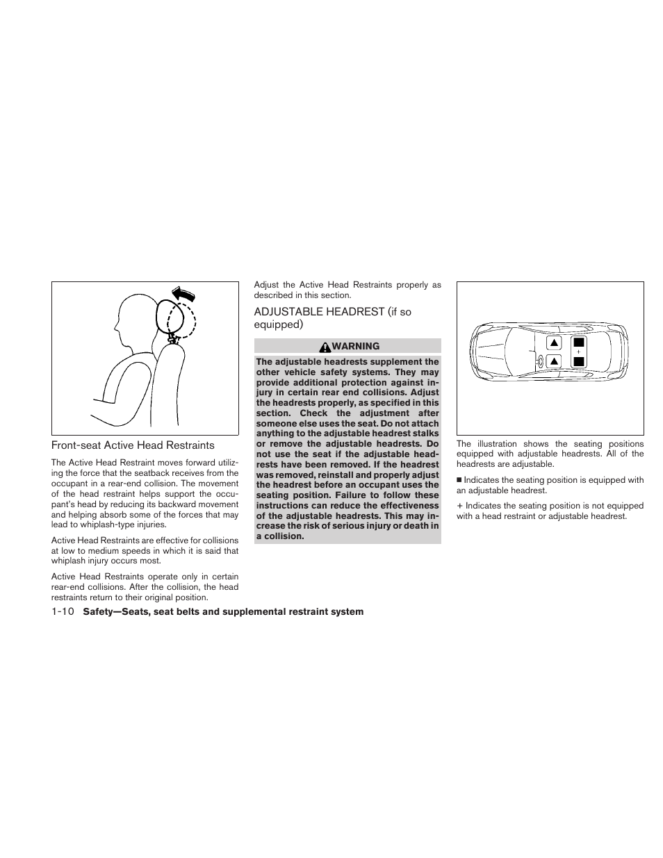 Adjustable headrest (if so equipped) -10 | NISSAN 2010 Sentra User Manual | Page 27 / 331
