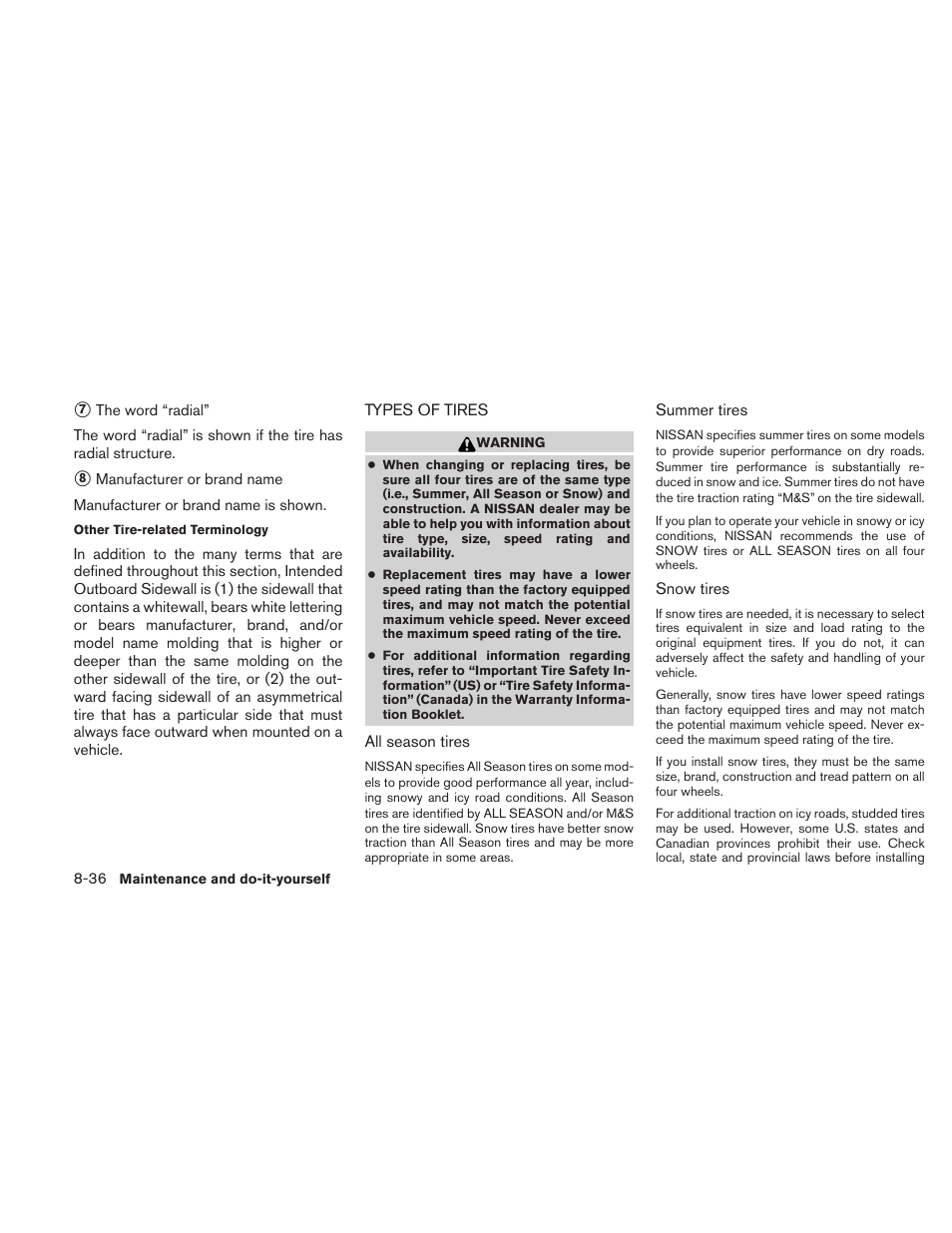 Types of tires -36 | NISSAN 2010 Sentra User Manual | Page 289 / 331