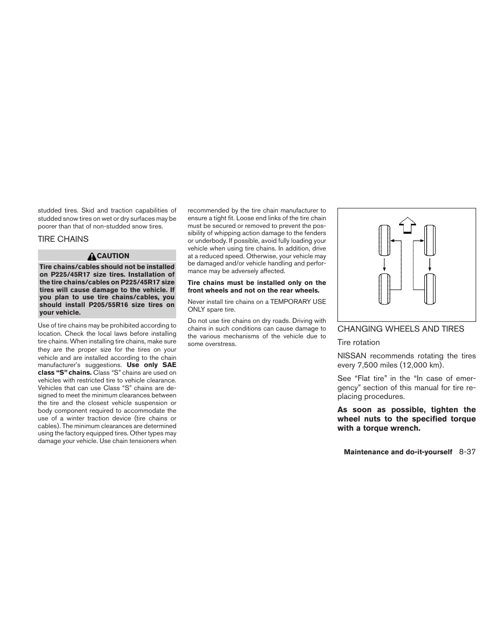 Tire chains -37 changing wheels and tires -37 | NISSAN 2010 Sentra User Manual | Page 290 / 331