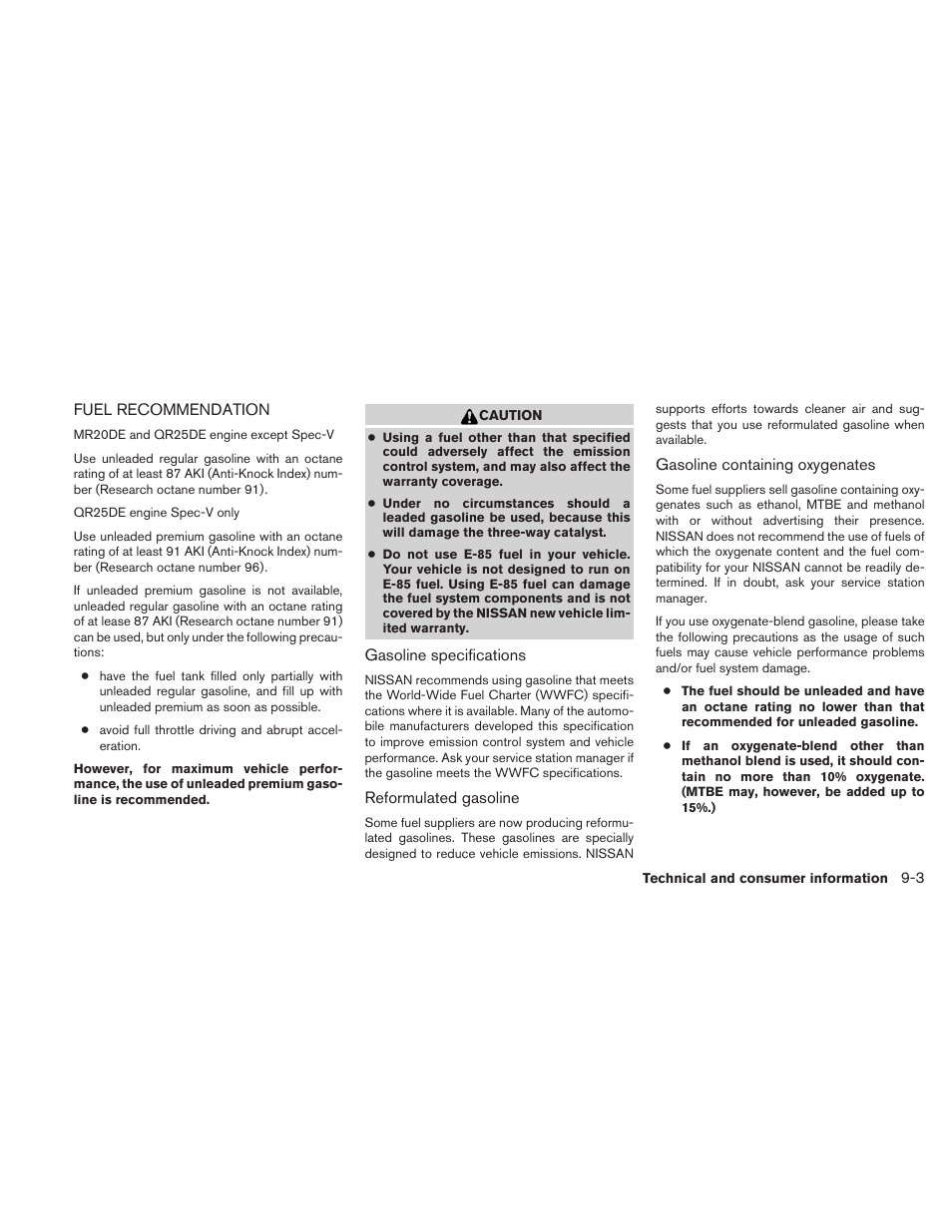 Fuel recommendation -3 | NISSAN 2010 Sentra User Manual | Page 296 / 331