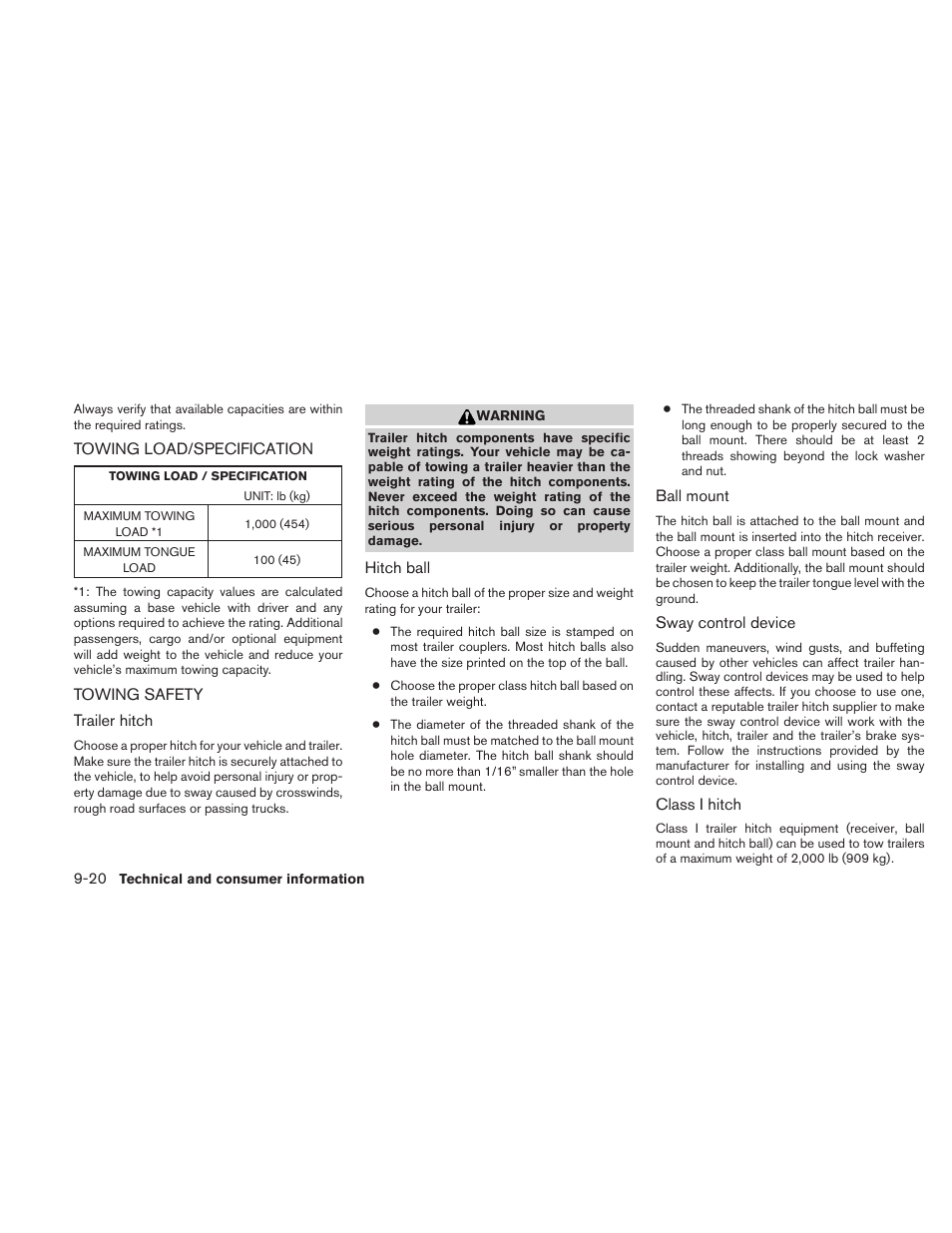 Towing load/specification -20 towing safety -20 | NISSAN 2010 Sentra User Manual | Page 313 / 331