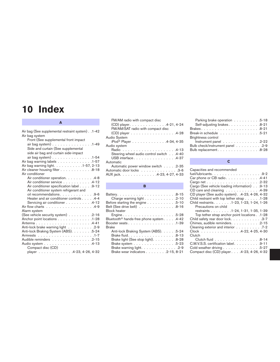 Index, 10 index | NISSAN 2010 Sentra User Manual | Page 324 / 331