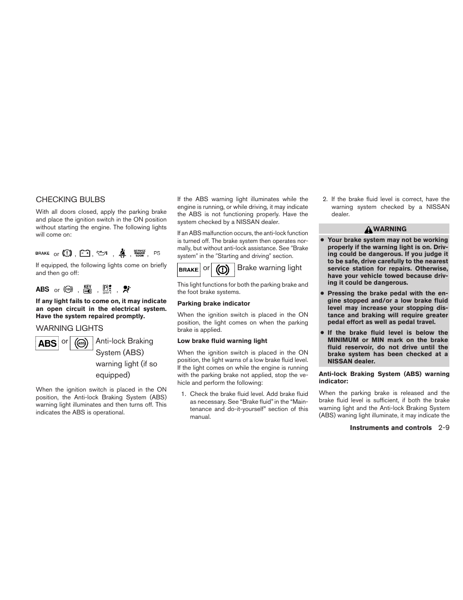 Checking bulbs -9 warning lights -9 | NISSAN 2010 Sentra User Manual | Page 86 / 331