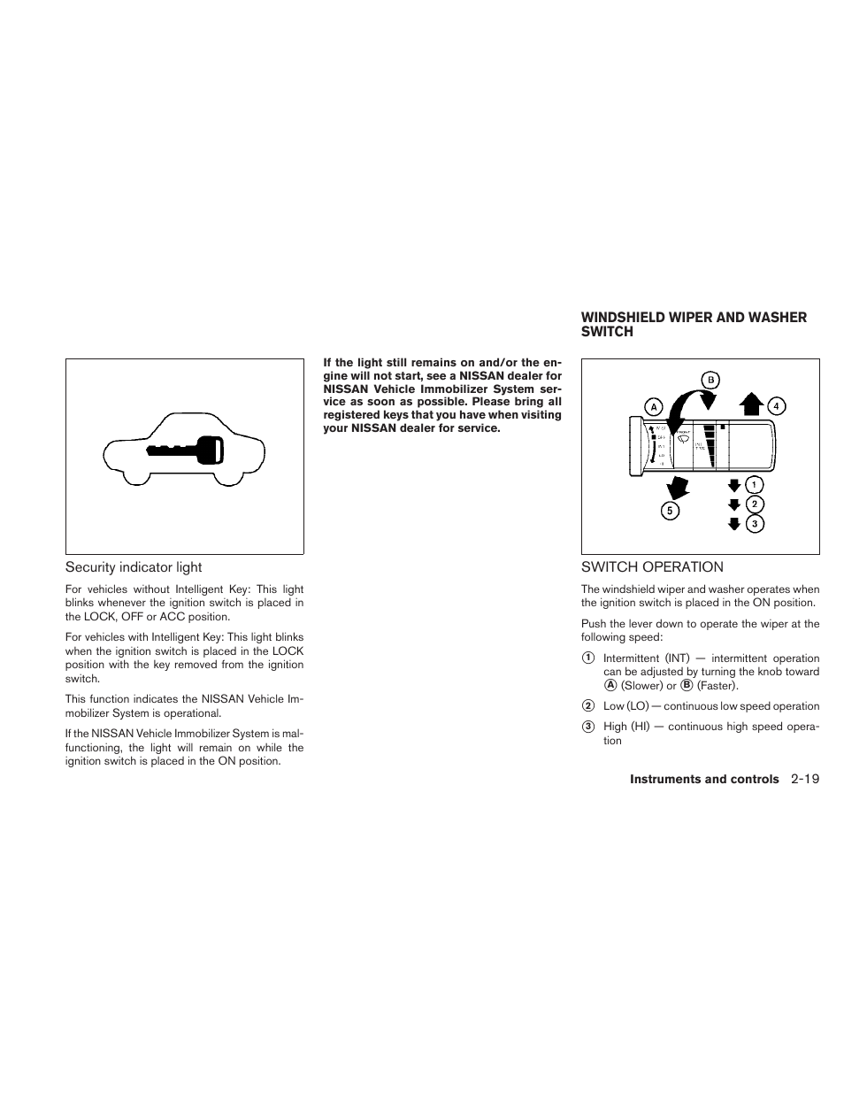 Windshield wiper and washer switch -19, Switch operation -19 | NISSAN 2010 Sentra User Manual | Page 96 / 331