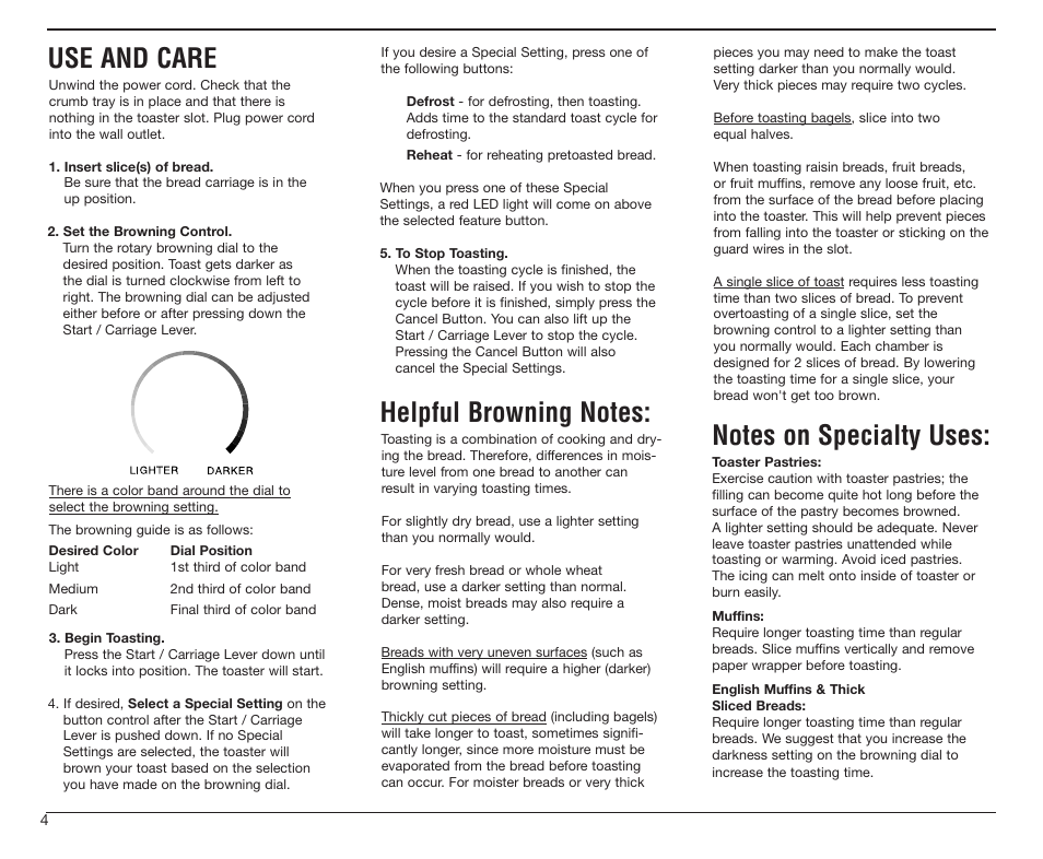 Use and care | Cuisinart CPT-20 User Manual | Page 4 / 8