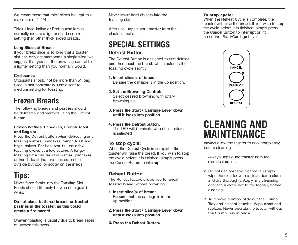Cleaning and maintenance, Frozen breads, Tips | Special settings | Cuisinart CPT-20 User Manual | Page 5 / 8