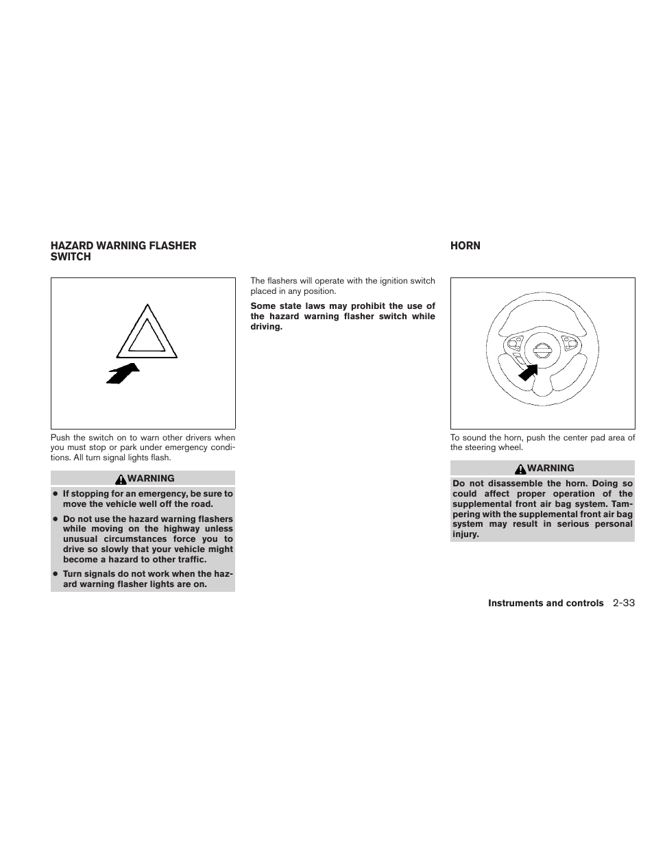 Hazard warning flasher switch -33 horn -33 | NISSAN 2010 Maxima User Manual | Page 105 / 457