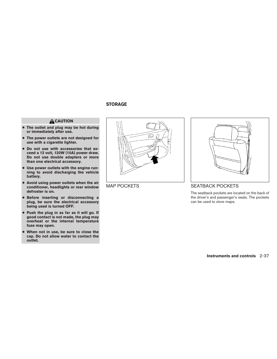 Storage -37, Map pockets -37 seatback pockets -37 | NISSAN 2010 Maxima User Manual | Page 109 / 457