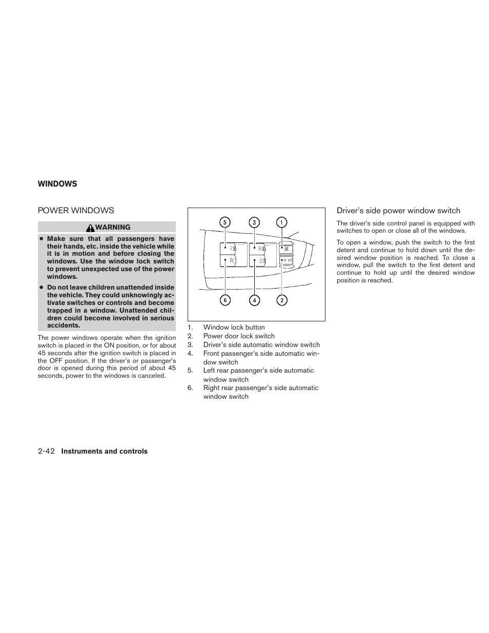 Windows -42, Power windows -42 | NISSAN 2010 Maxima User Manual | Page 114 / 457