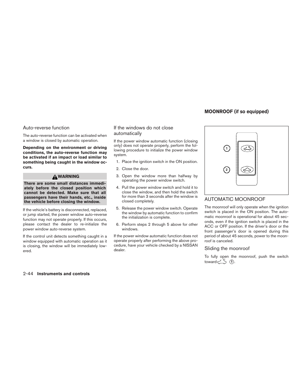 Moonroof (if so equipped) -44, Automatic moonroof -44 | NISSAN 2010 Maxima User Manual | Page 116 / 457