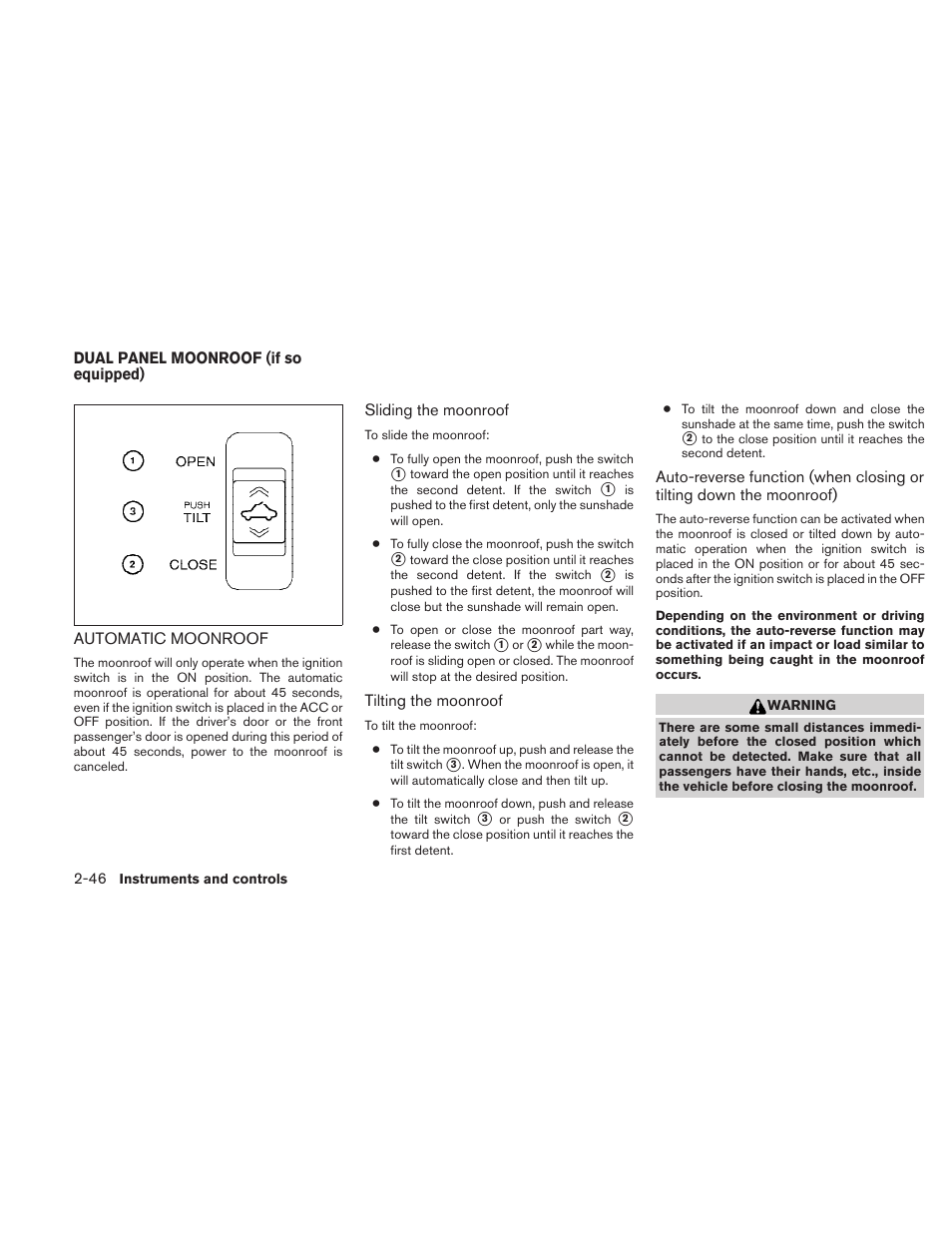 Dual panel moonroof (if so equipped) -46, Automatic moonroof -46 | NISSAN 2010 Maxima User Manual | Page 118 / 457