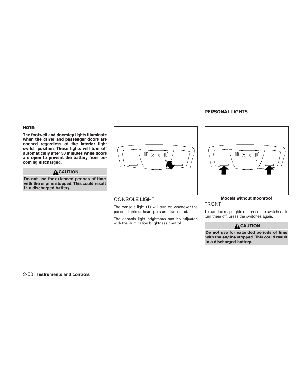 Console light -50, Personal lights -50, Front -50 | NISSAN 2010 Maxima User Manual | Page 122 / 457