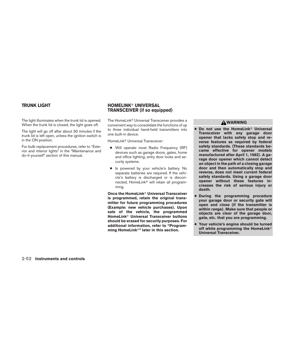 Trunk light -52 homelink, Universal transceiver (if so equipped) -52 | NISSAN 2010 Maxima User Manual | Page 124 / 457