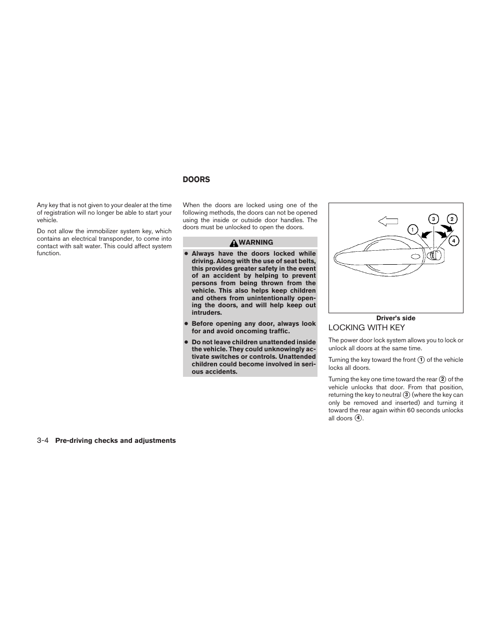 Doors -4, Locking with key -4 | NISSAN 2010 Maxima User Manual | Page 132 / 457