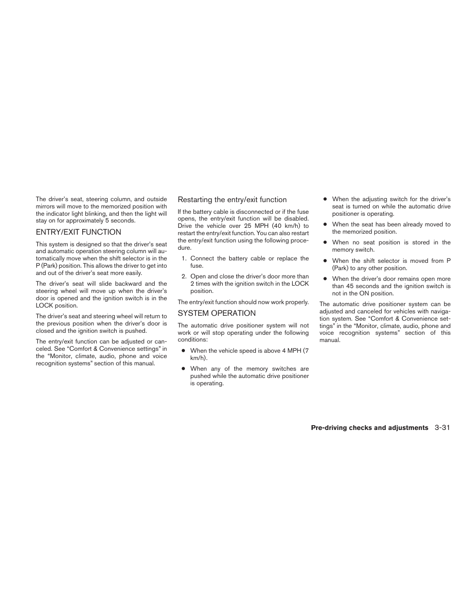 Entry/exit function -31 system operation -31 | NISSAN 2010 Maxima User Manual | Page 159 / 457
