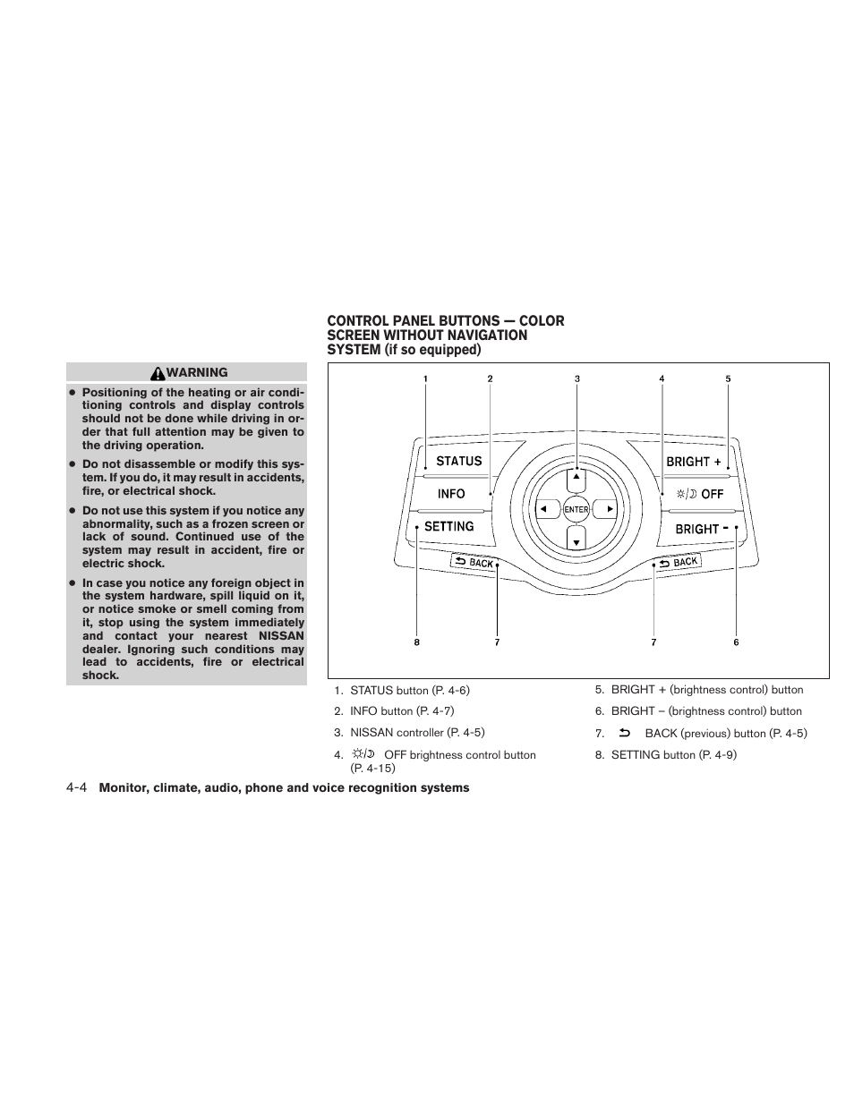 Control panel buttons — color screen without, Navigation system (if so equipped) -4 | NISSAN 2010 Maxima User Manual | Page 164 / 457