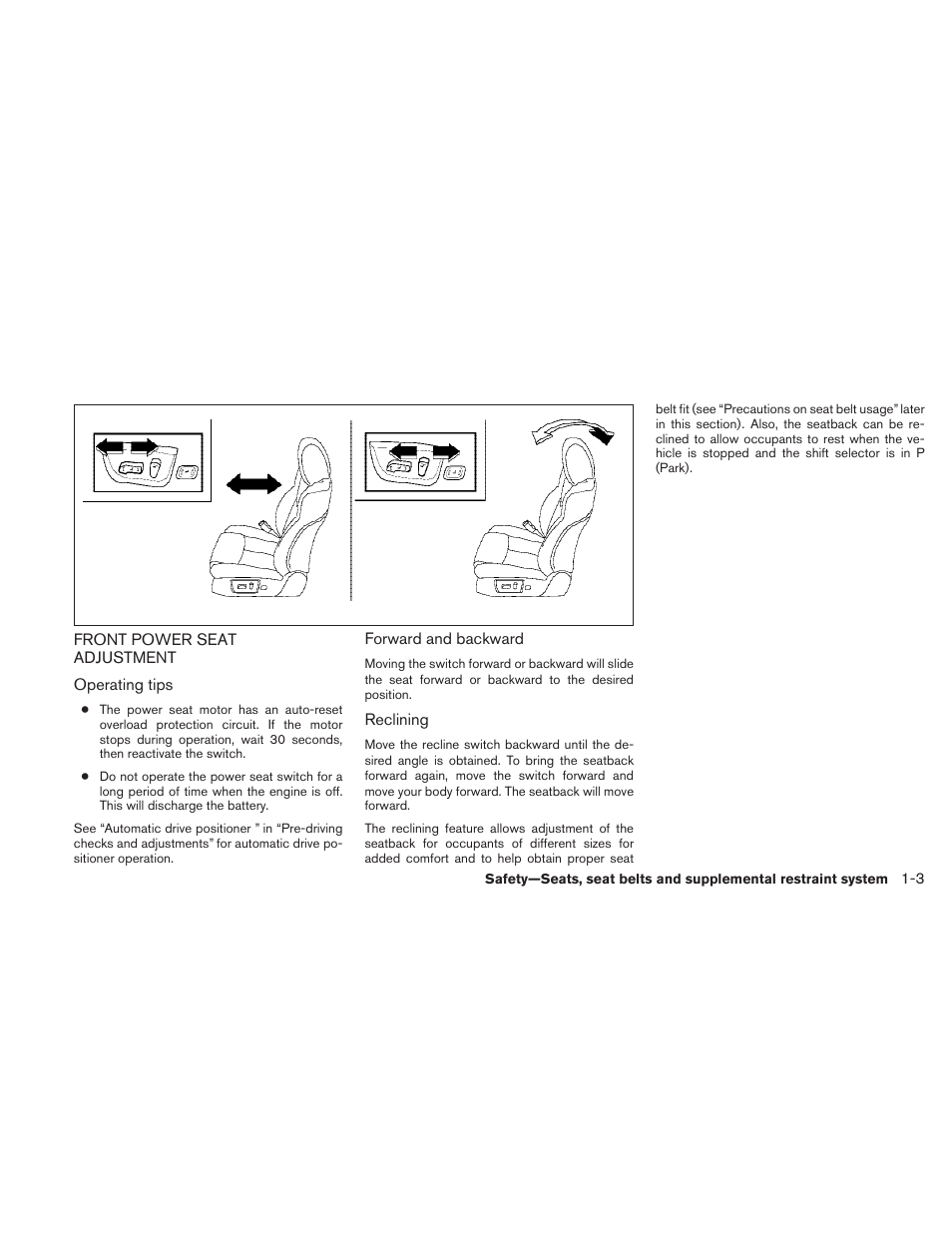 Front power seat adjustment -3 | NISSAN 2010 Maxima User Manual | Page 19 / 457