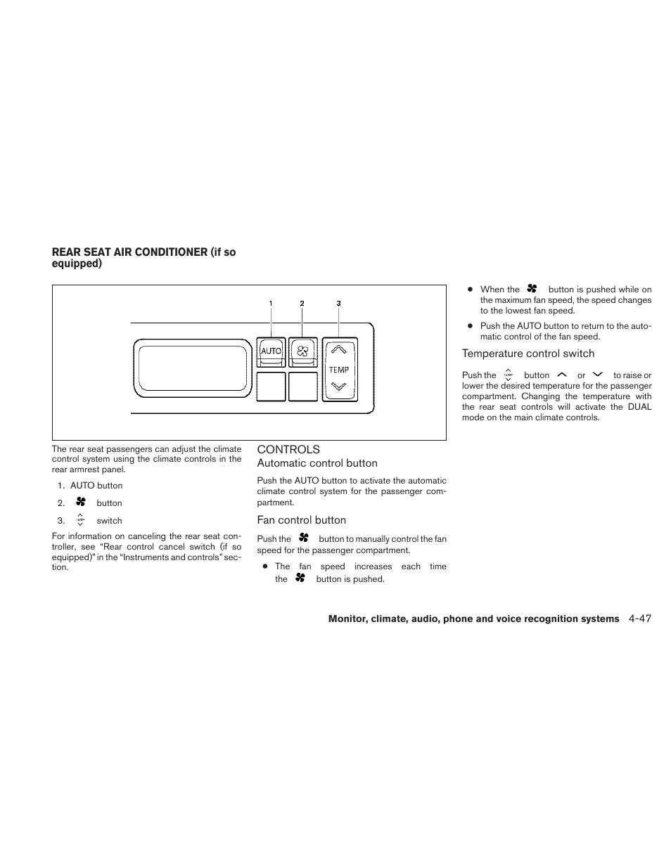 Rear seat air conditioner (if so equipped) -47, Controls -47 | NISSAN 2010 Maxima User Manual | Page 207 / 457