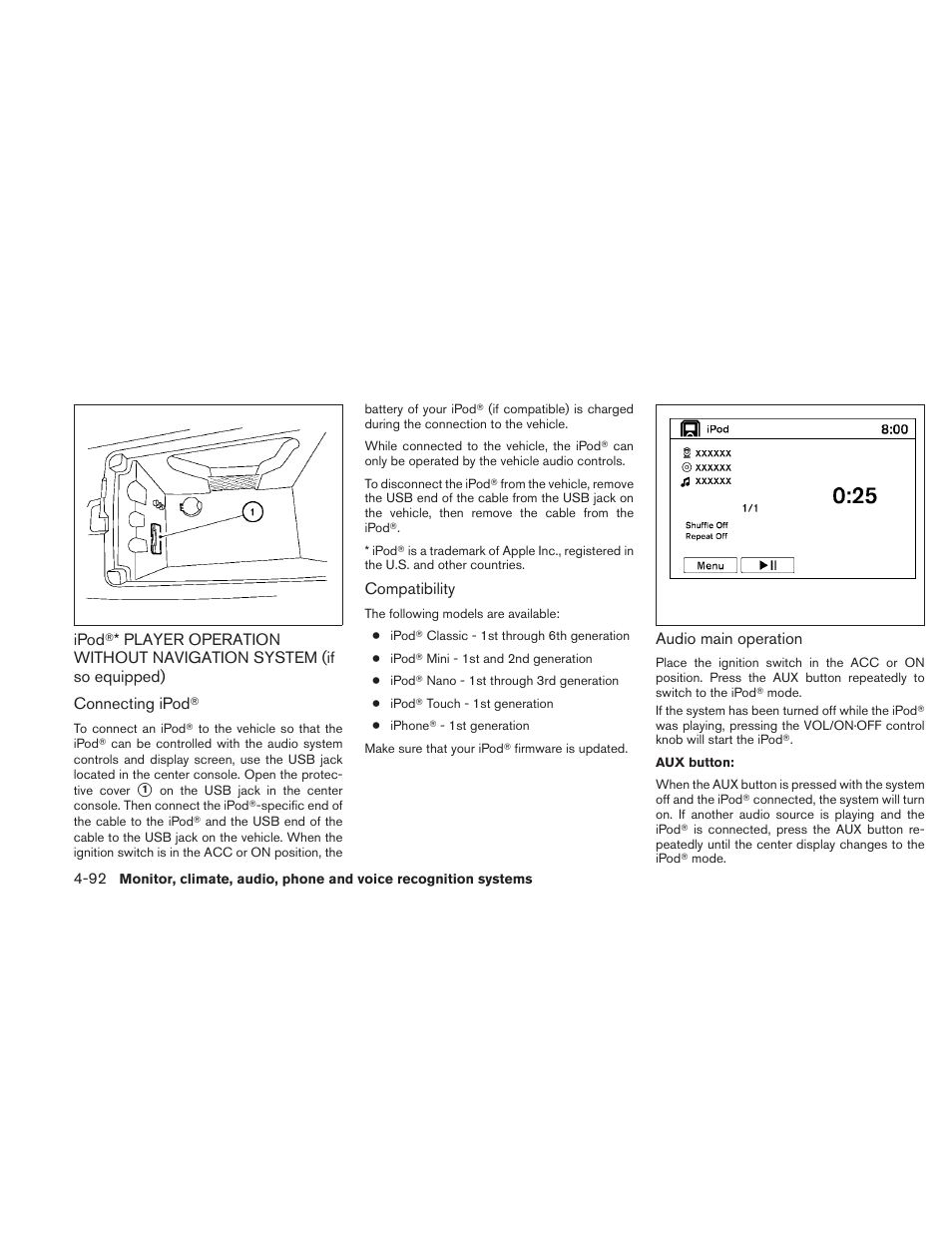 Ipod, Player operation without navigation, System (if so equipped) -92 | NISSAN 2010 Maxima User Manual | Page 252 / 457