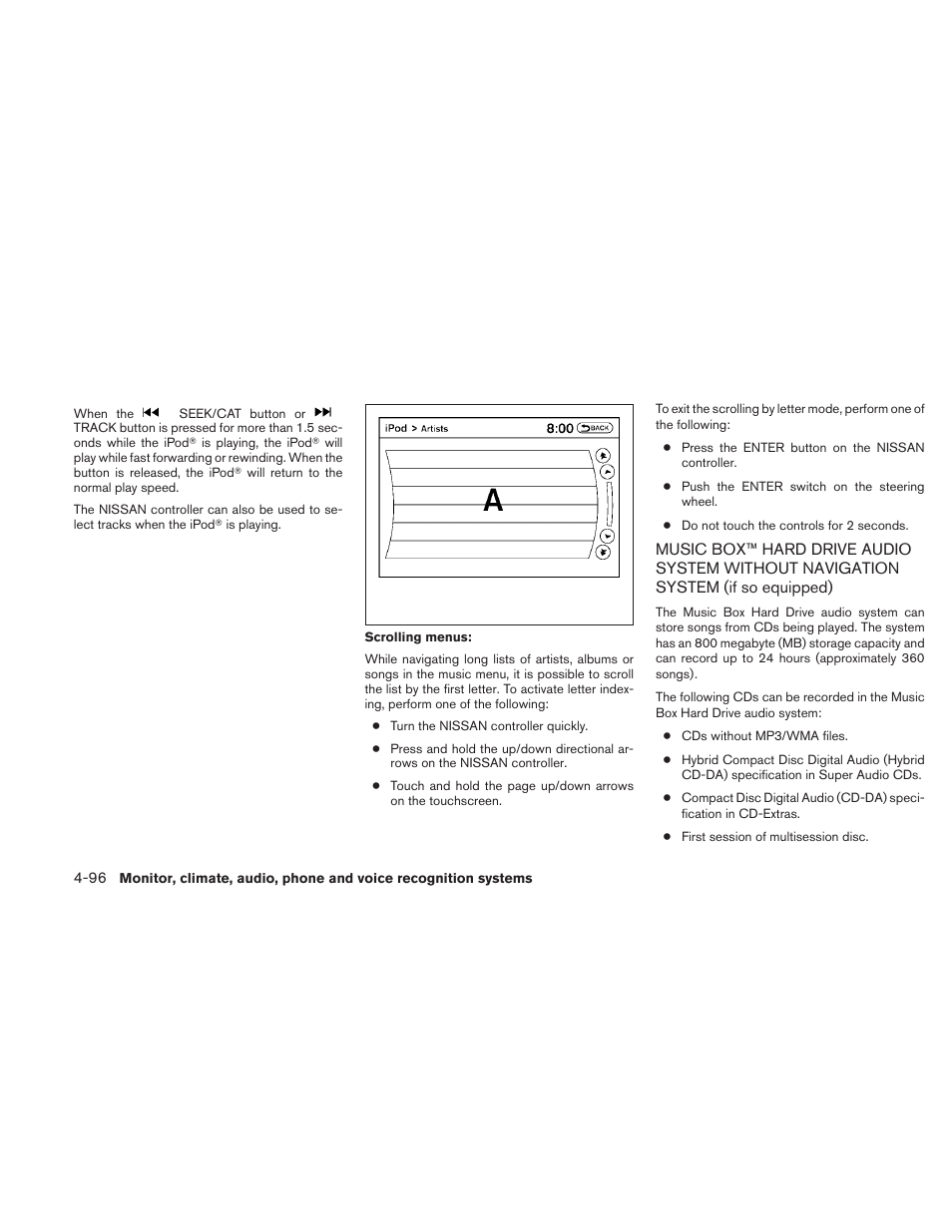 Music box™ hard drive audio system, Without navigation system (if so equipped) -96 | NISSAN 2010 Maxima User Manual | Page 256 / 457