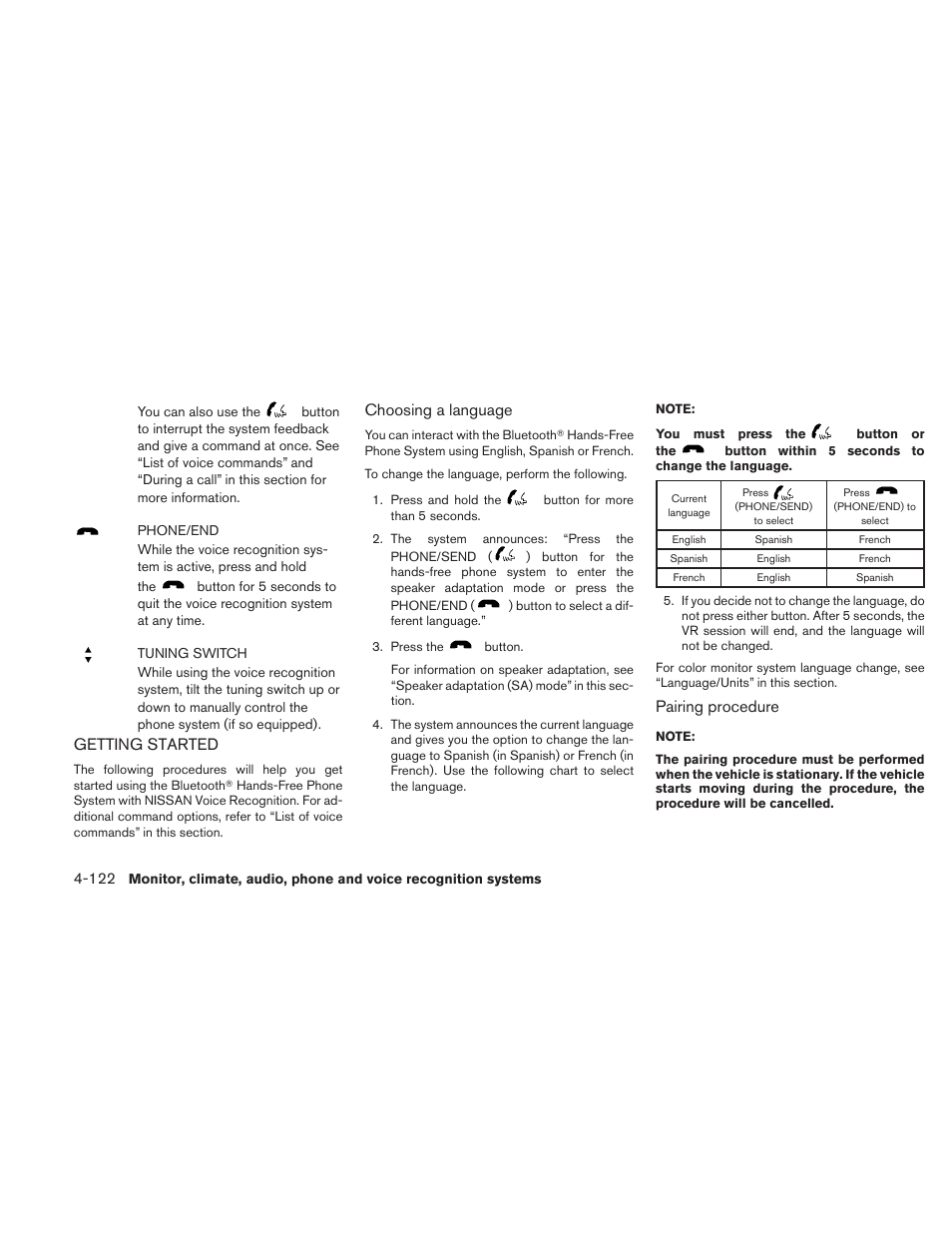 Getting started -122, Getting started, Choosing a language | Pairing procedure | NISSAN 2010 Maxima User Manual | Page 282 / 457