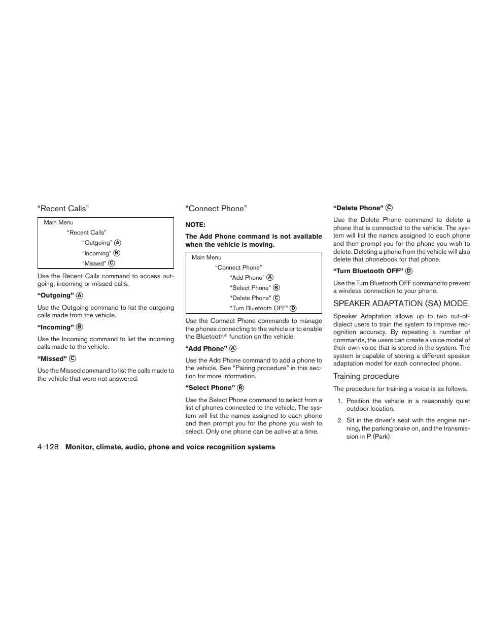 Speaker adaptation (sa) mode -128 | NISSAN 2010 Maxima User Manual | Page 288 / 457