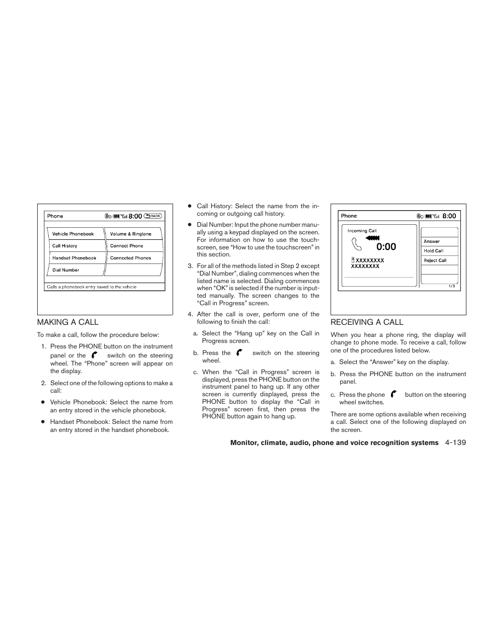 Making a call -139 receiving a call -139 | NISSAN 2010 Maxima User Manual | Page 299 / 457