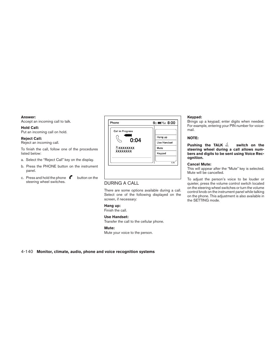 During a call -140 | NISSAN 2010 Maxima User Manual | Page 300 / 457