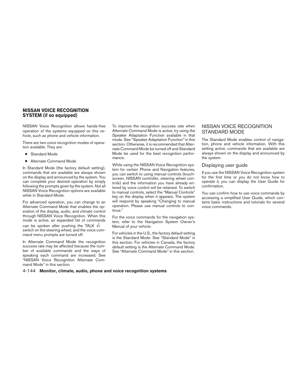 Nissan voice recognition system, If so equipped) -144, Nissan voice recognition standard mode -144 | NISSAN 2010 Maxima User Manual | Page 304 / 457