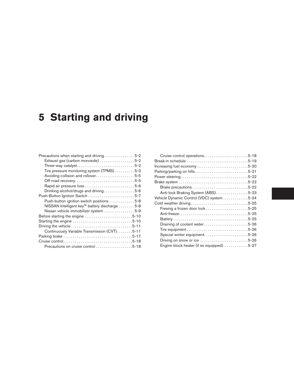 Starting and driving, 5 starting and driving | NISSAN 2010 Maxima User Manual | Page 329 / 457