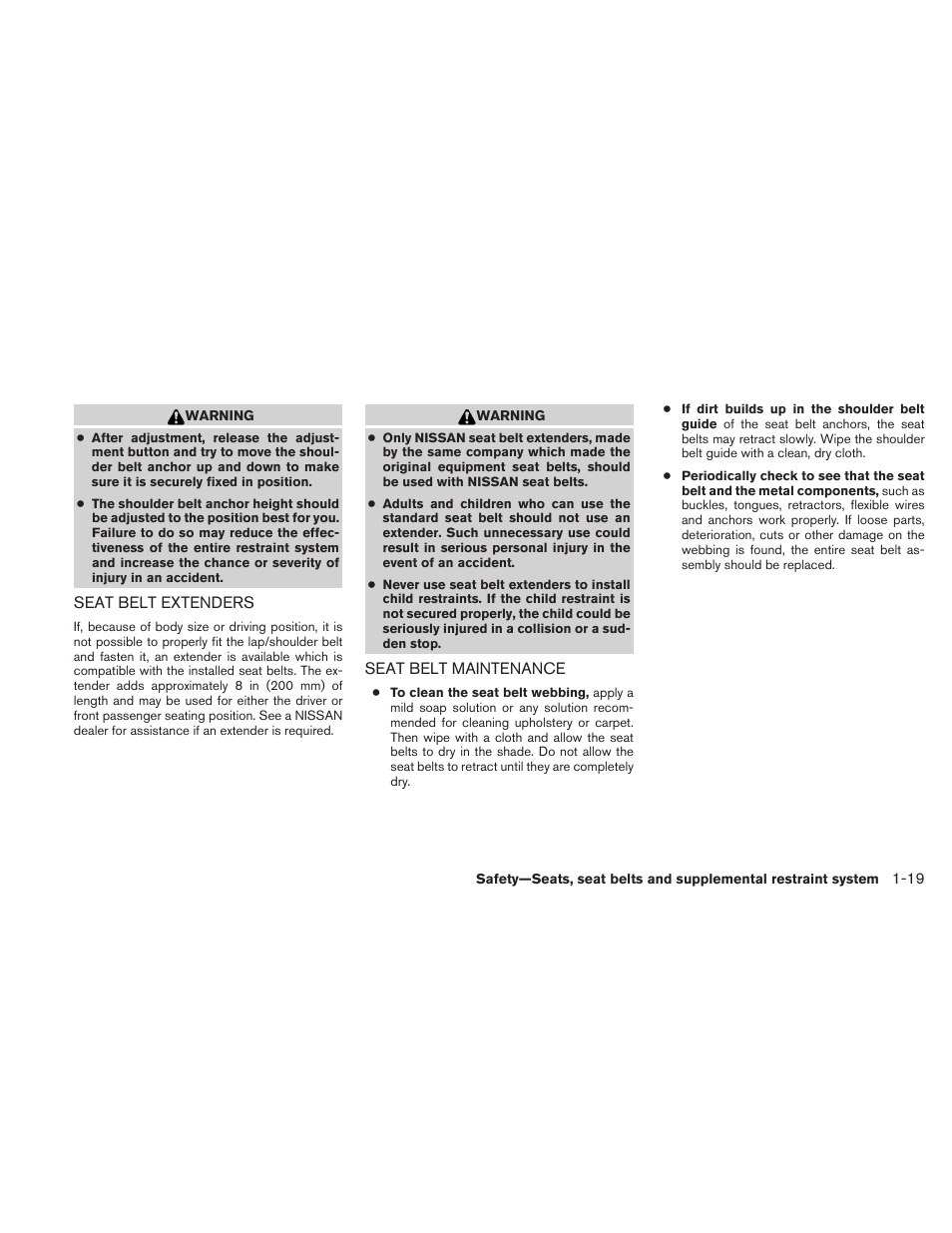 Seat belt extenders -19 seat belt maintenance -19 | NISSAN 2010 Maxima User Manual | Page 35 / 457
