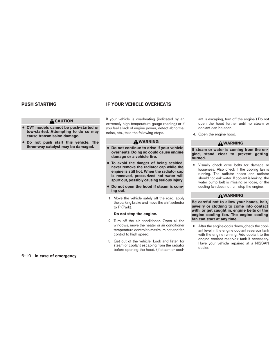 Push starting -10, If your vehicle overheats -10 | NISSAN 2010 Maxima User Manual | Page 366 / 457