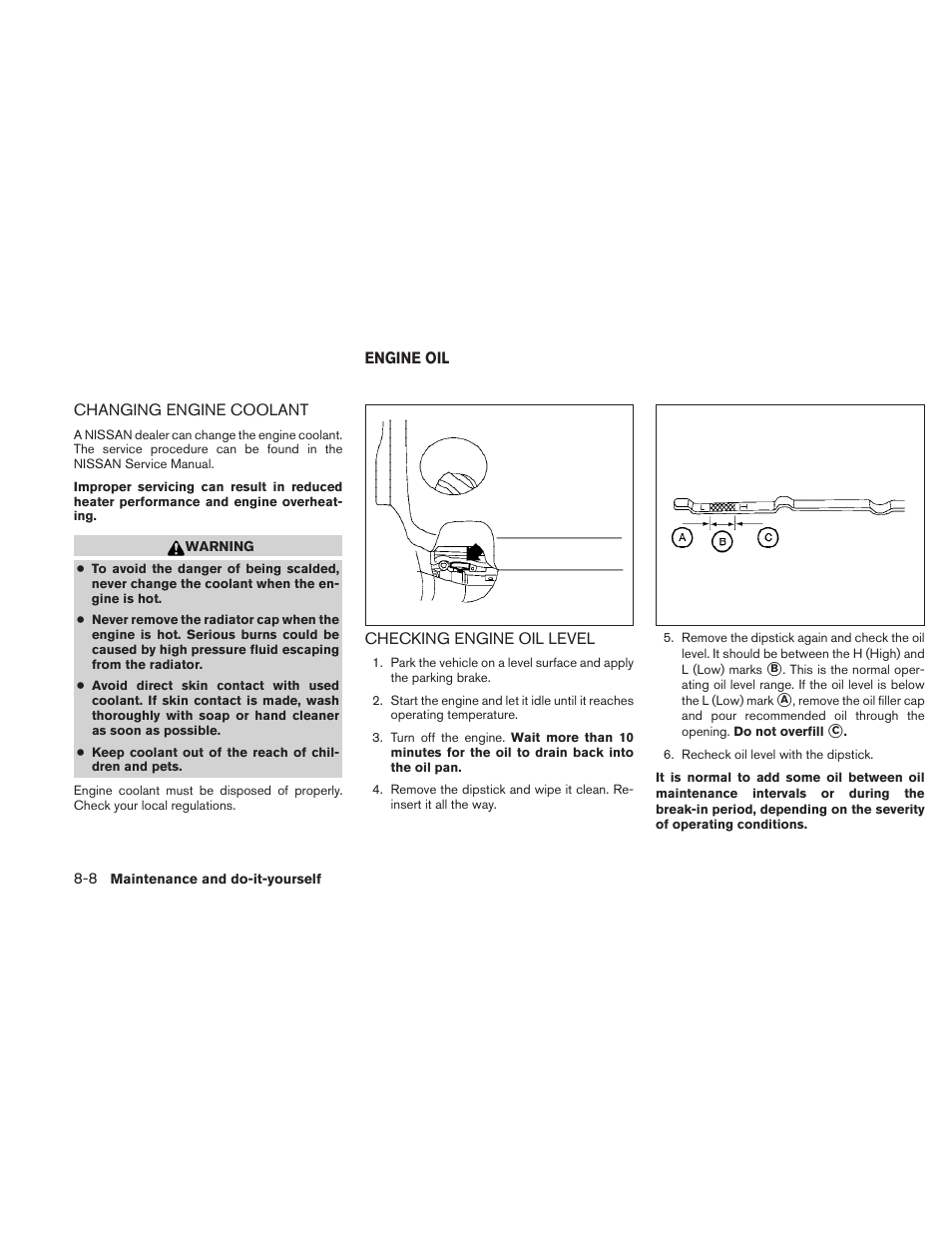 Changing engine coolant -8, Engine oil -8, Checking engine oil level -8 | NISSAN 2010 Maxima User Manual | Page 386 / 457