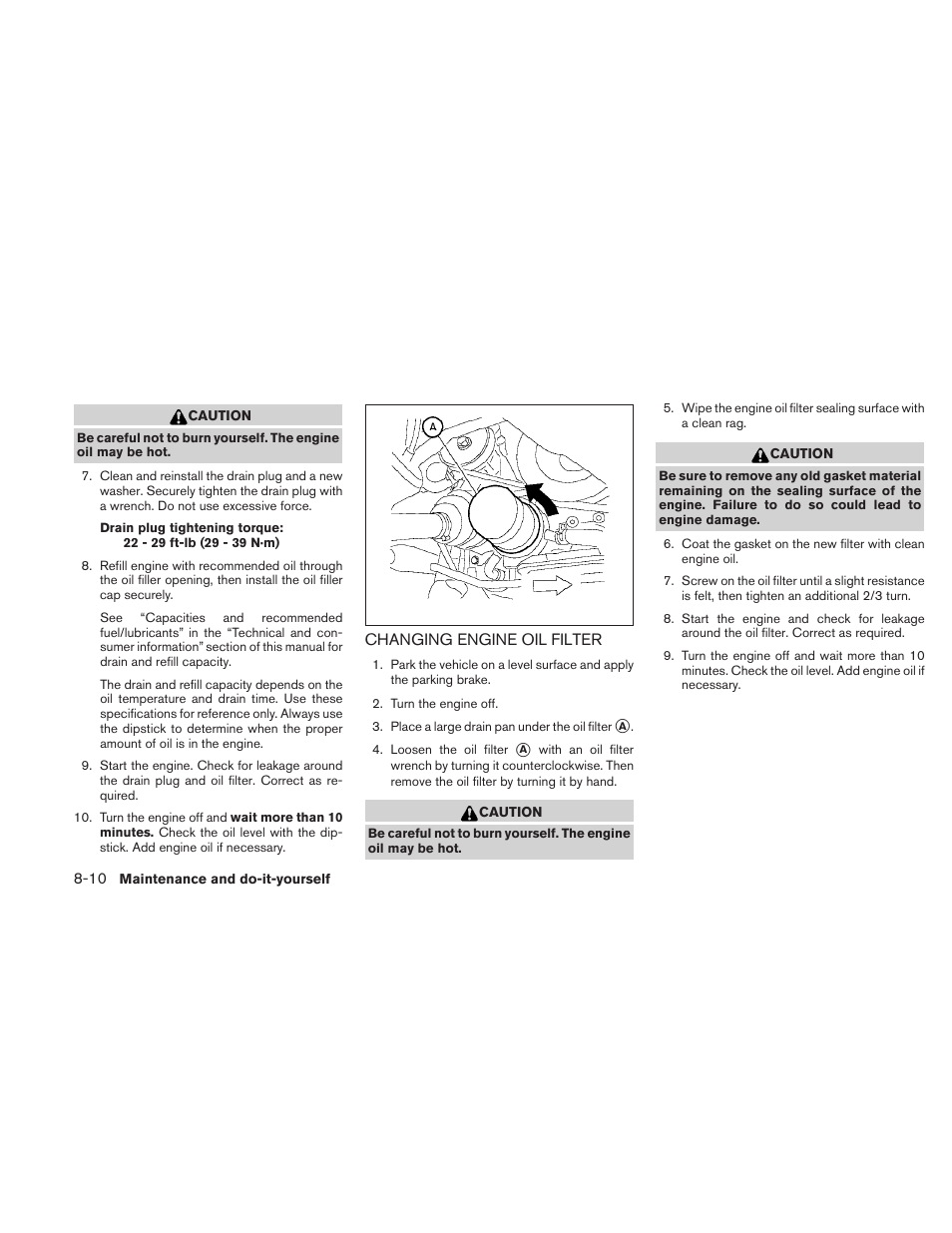 Changing engine oil filter -10 | NISSAN 2010 Maxima User Manual | Page 388 / 457