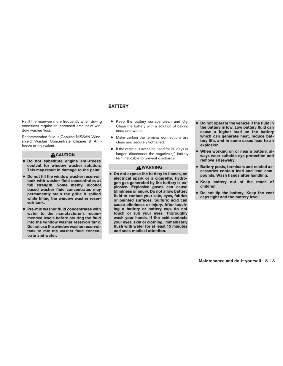 Battery -13 | NISSAN 2010 Maxima User Manual | Page 391 / 457