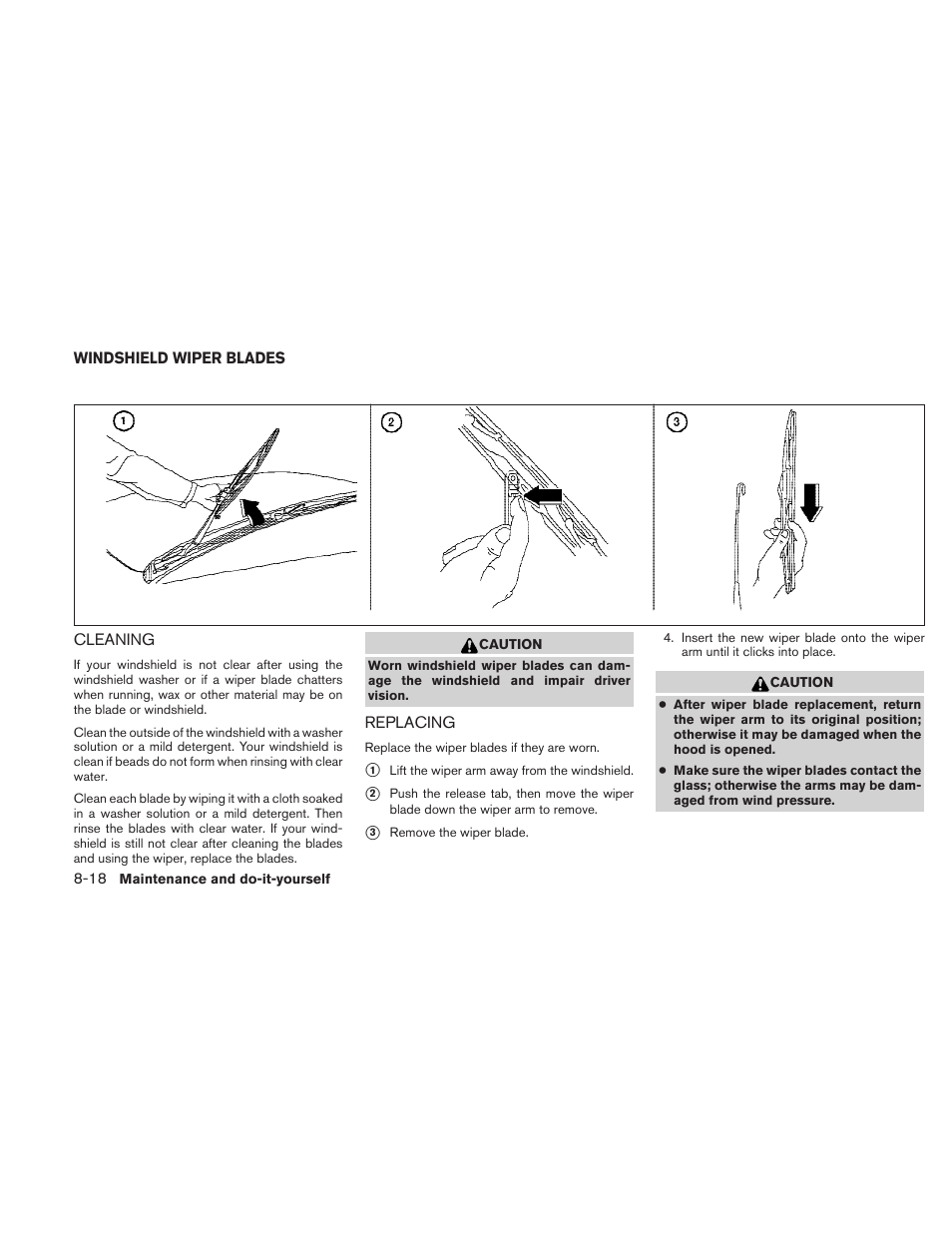 Windshield wiper blades -18, Cleaning -18 replacing -18 | NISSAN 2010 Maxima User Manual | Page 396 / 457