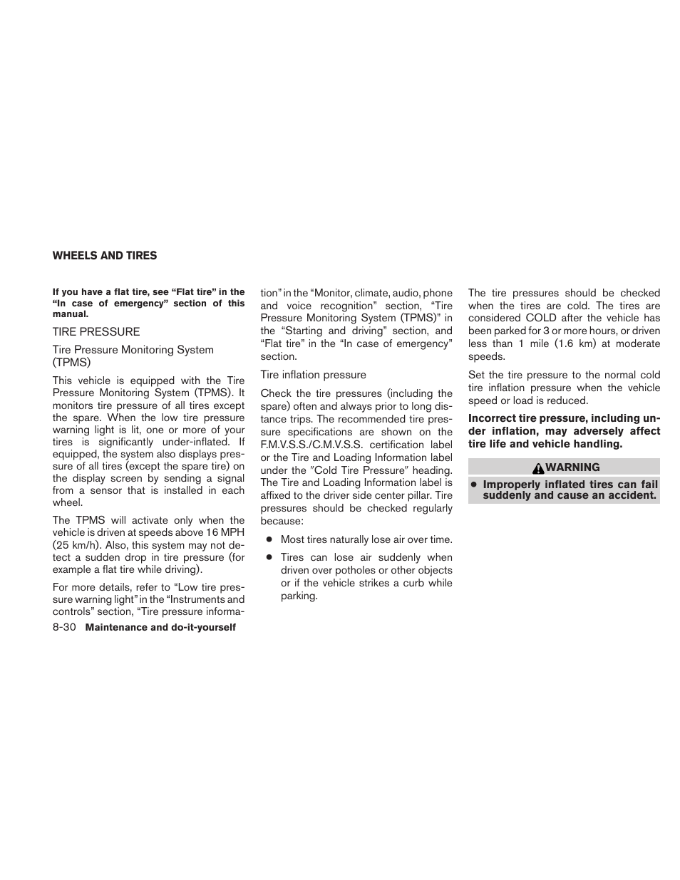 Wheels and tires -30, Tire pressure -30 | NISSAN 2010 Maxima User Manual | Page 408 / 457