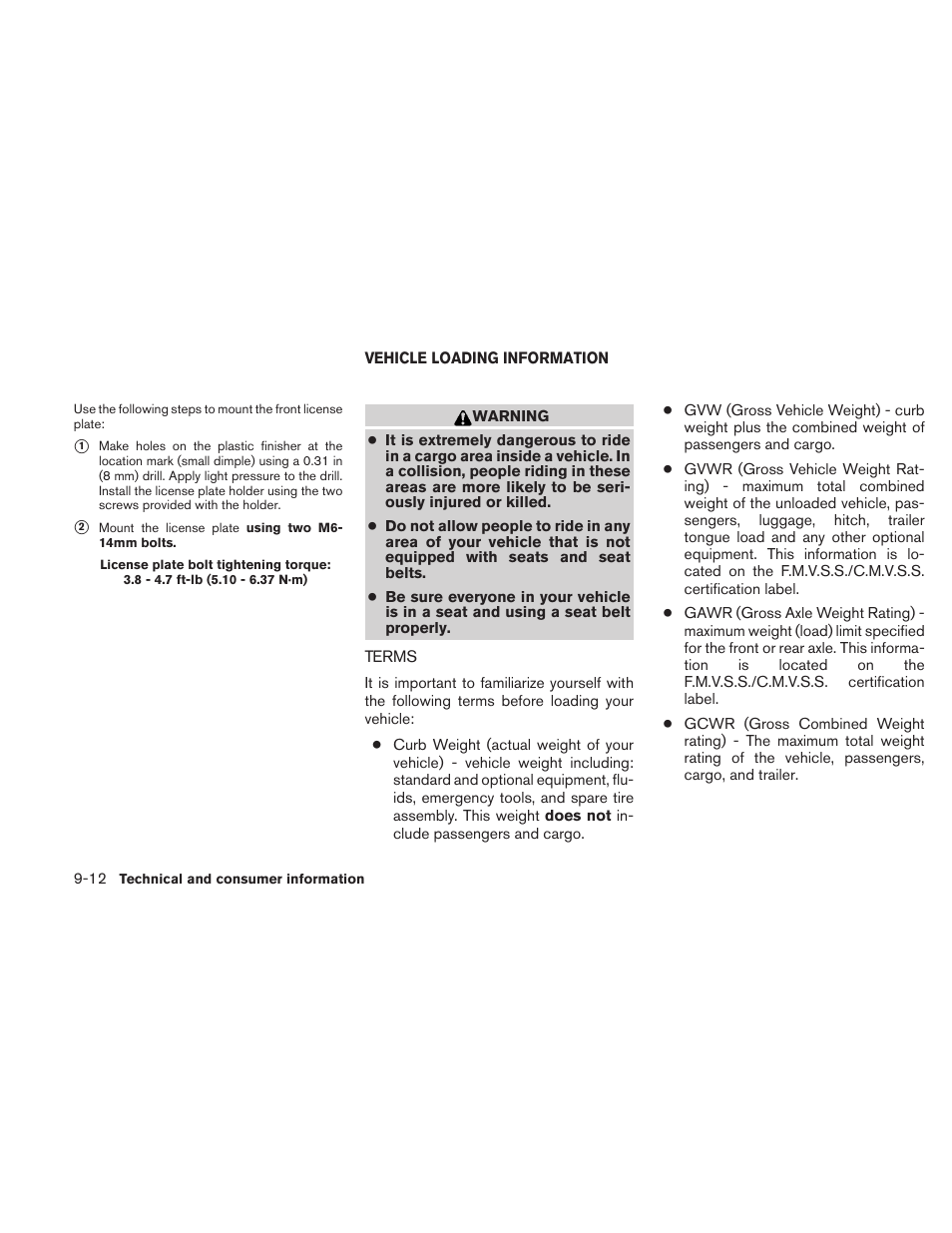 Vehicle loading information -12, Terms -12 | NISSAN 2010 Maxima User Manual | Page 432 / 457