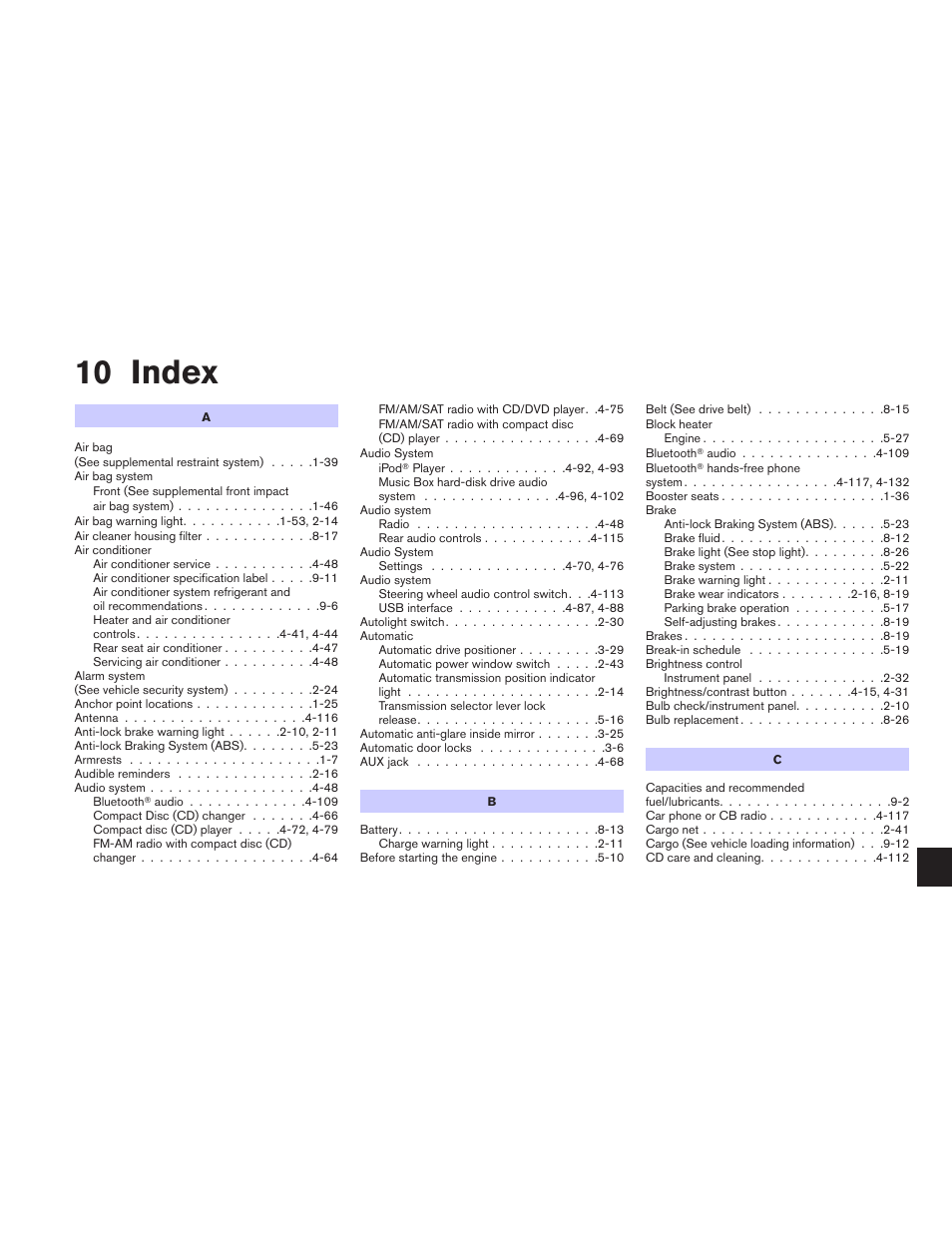 Index, 10 index | NISSAN 2010 Maxima User Manual | Page 449 / 457