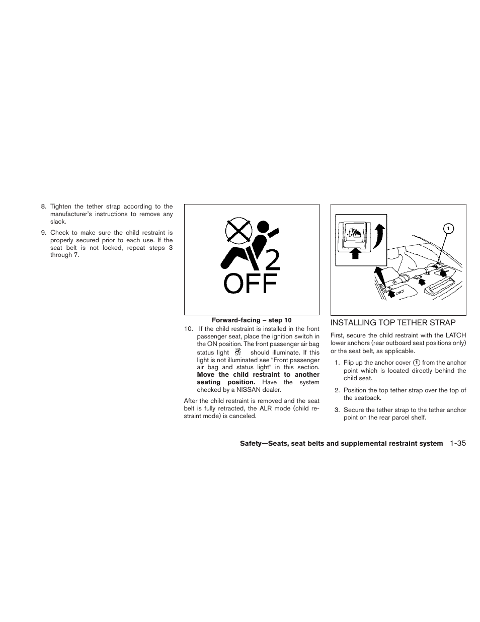 Installing top tether strap -35 | NISSAN 2010 Maxima User Manual | Page 51 / 457