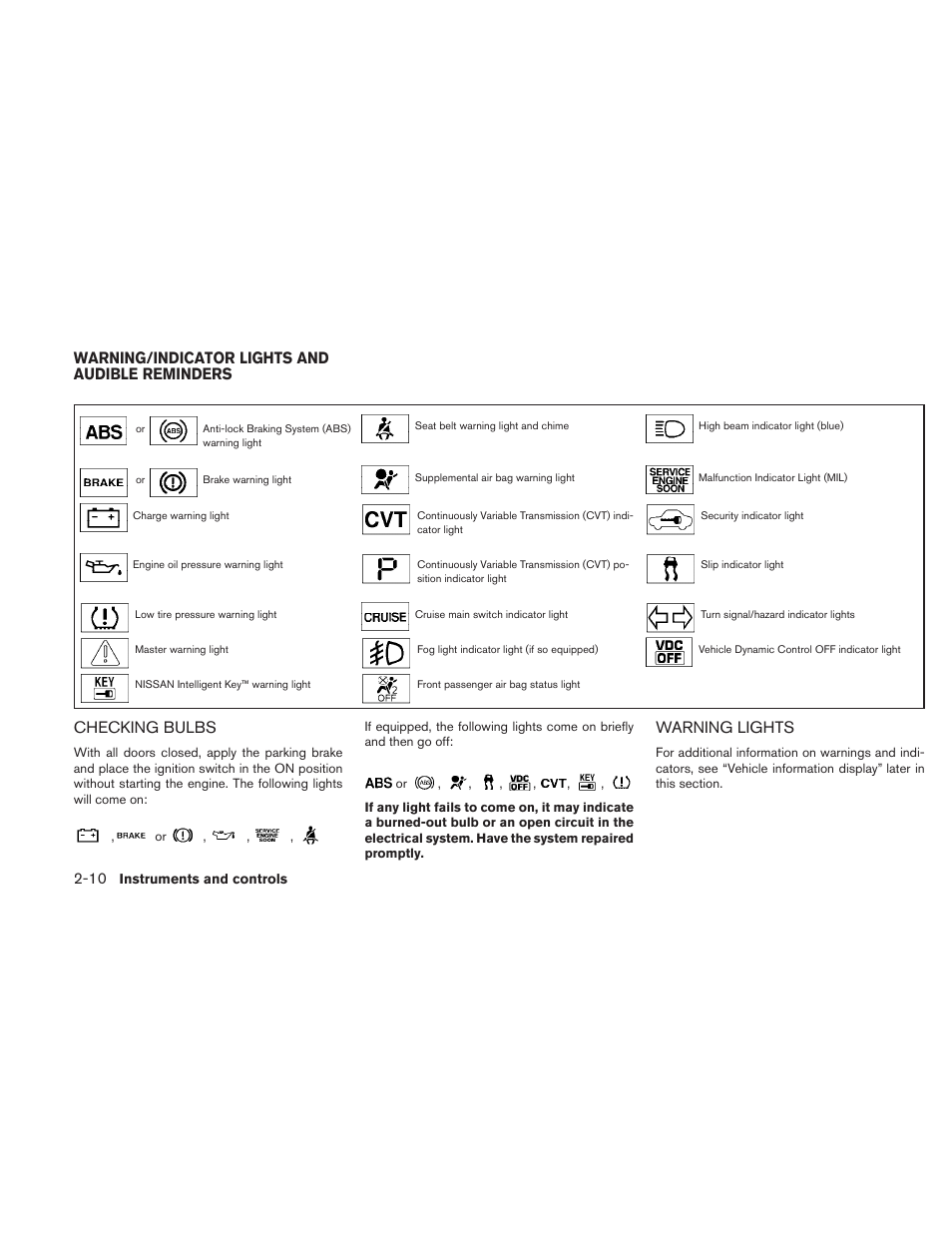 Warning/indicator lights and audible reminders -10, Checking bulbs -10 warning lights -10, Checking bulbs | Warning lights, Warning/indicator lights and audible reminders | NISSAN 2010 Maxima User Manual | Page 82 / 457
