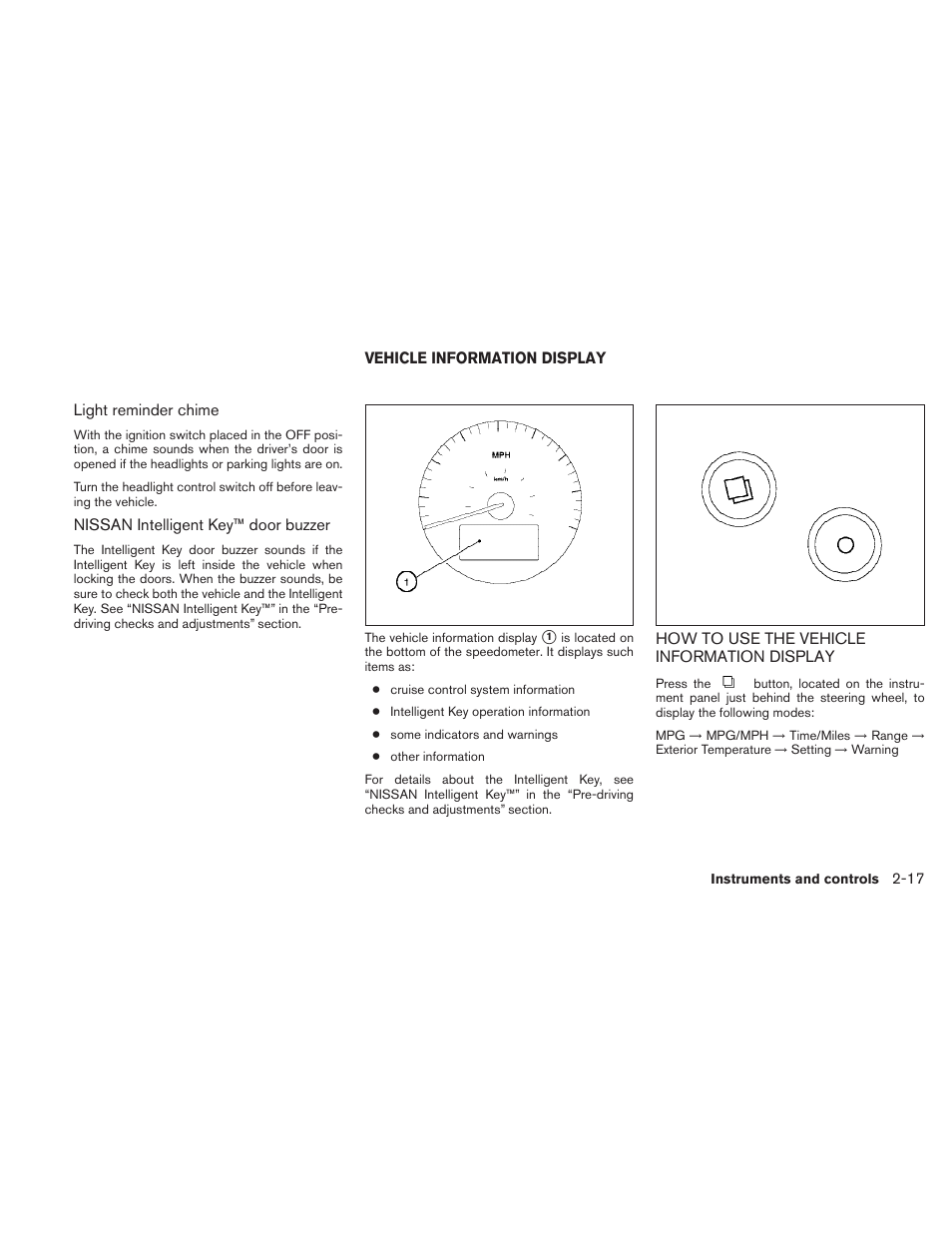 Vehicle information display -17, How to use the vehicle information display -17 | NISSAN 2010 Maxima User Manual | Page 89 / 457