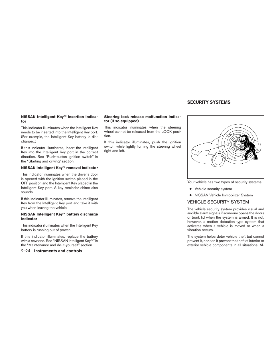 Security systems -24, Vehicle security system -24 | NISSAN 2010 Maxima User Manual | Page 96 / 457