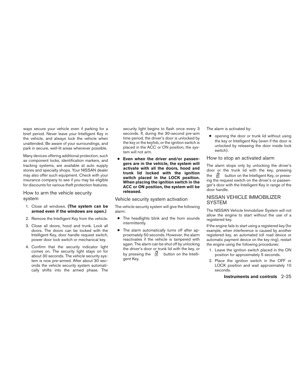 Nissan vehicle immobilizer system -25 | NISSAN 2010 Maxima User Manual | Page 97 / 457